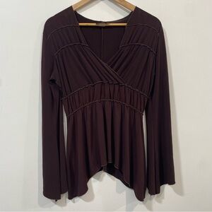 Cute Girl U.S.A Brown Asymmetrical Hem Baby Doll Flared Sleeve Blouse Size L